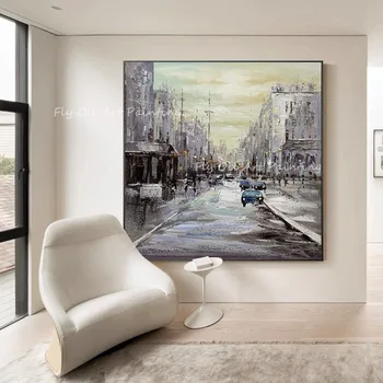 100% ръчно рисувани сивото платно градска улица съвременно монтиране на изкуството за домашен интериор Платно Картина с маслени бои Голямо украса Fameless