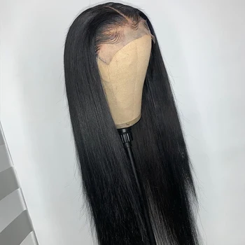 180% Плътност, 26 инча, бразилски копринена дълга права перука от естествена коса на дантели отпред за черни жени с детски коса, безплатна доставка