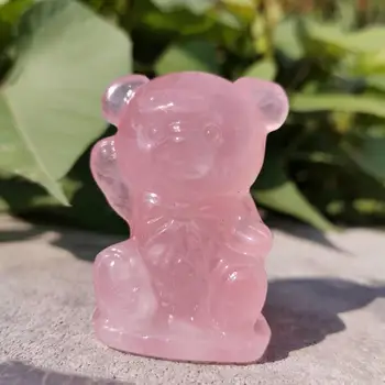 2-инчов сладък мечка от естествен розов кварц, резбовани статуя на мечка от розов планински кристал за подарък