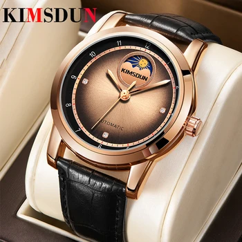 2022 Kimsdun Автоматични механични часовници мъжки луксозна марка Розово Злато Diamond фаза Мъжки ръчен часовник от естествена кожа Водоустойчив