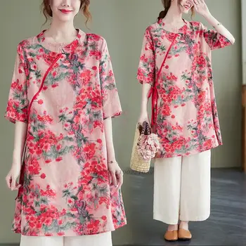 2023, дамски реколта блуза с флорални принтом, традиционна дамски памучен блуза, бельо, блузи в стил ретро hanfu, традиционен ориенталски костюм от епохата на тан