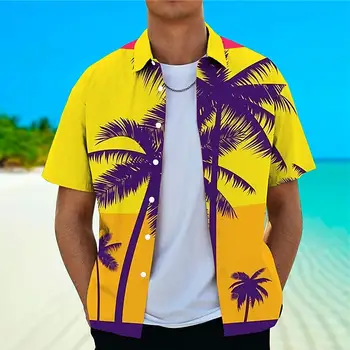 2023 Нова мъжка риза Плажната хавайски мъжка риза с 3D модел на кокосовата палма уличен топ с къс ръкав и копчета