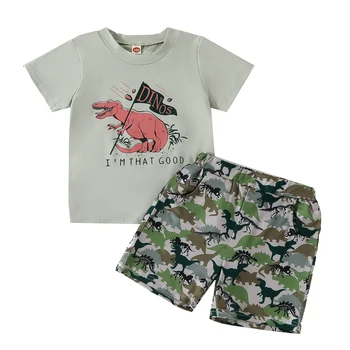 FOCUSNORM/ Годишен Случайни комплект Дрехи за момчета от 3 до 7 години, Тениска с къс ръкав и Принтом Динозавър, Панталони с еластичен ластик На талията