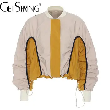 Getspring Дамско палто в стил мозайка с висока яка на съвсем малък, дамско яке, дълъг ръкав, цип, свободни ежедневни къси дамски блузи, есен