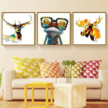 HAOCHU САМ Триптих Цветна Дъга Елен Сладки лягушачьи животни Квадратна Картина върху платно с щампи на Кучета и плакат за домашен интериор на спалнята