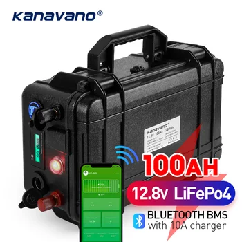 Kanavano 12,8 V 100Ah LiFePO4 Акумулаторна Батерия, Вграден Bluetooth BMS 12 V 40Ah Водоустойчив за Слънчева Кемпера Яхта Инверторен Двигател на Moto