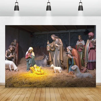 Laeacco Коледна Сцена Фотофоны Християнско Раждането на Исус BULLPEN Купа Сено Овце Снимки, Фонове За фото студио