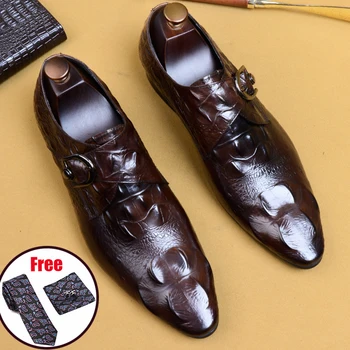 Phenkang/мъжки официалната обувки, мъжки oxfords от естествена кожа, черни сватбени обувки под крокодиловую кожата 2022 година, кожени броги дантела прозорци