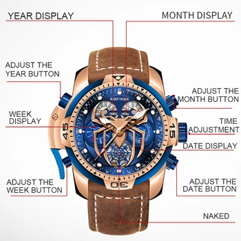 Reef Тигър/RT Нови спортни мъжки автоматичен часовник Модерен циферблат във формата на паяк с година, месец, дата, Пълен календар, механични часовници