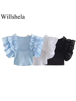 Willshela, дамски модни обикновена съкратен върховете в стил мозайка с волани, реколта блузи с къс ръкав и тромаво яка, шик женски съкратен топ