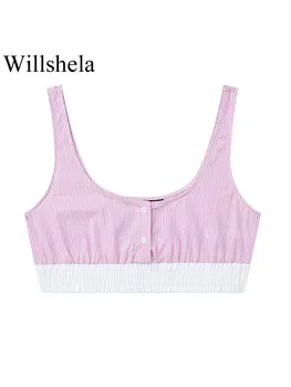 Willshela / дамски модни однобортные съкратен върховете в розова ивица в стил мозайка с винтажными бретельками и тромаво яка, шикозни дамски блузи