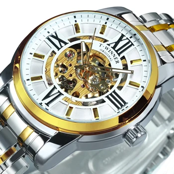WINNER Луксозни маркови дизайнерски мъжки часовници, сребристо-златни часовници, автоматични механични мъжки часовници с виртуален скелет, Модерни ежедневни часовници