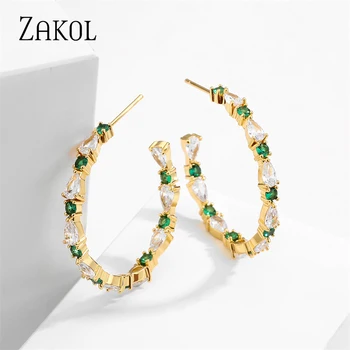 ZAKOL 2023 Нови Модни Обеци-Халки на Голям Златен Цвят в формата на Кръг, за Жени, Момичета, Модни Капки Вода, Зелен Кубичен Циркон, Бижута