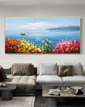 Абстрактна ръчно рисувани Пъстри цветя Цветен Пейзаж Маслени картини Големи Цъфтящи Цветя Крайбрежие Платно Картина Стенен арт декор