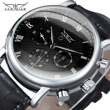 Бизнес мъжки часовник JARAGAR, модерен, многофункционален циферблат, луксозни маркови автоматични механични часовници, ежедневни черна кожена каишка 2023