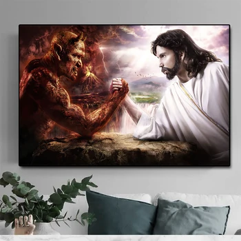 Бог Исус Срещу Сатана-Дявола Художествена Картина На Платно За Живопис Плакат И Щампи Религия Стенно Художествено Украса За Християнската Хол