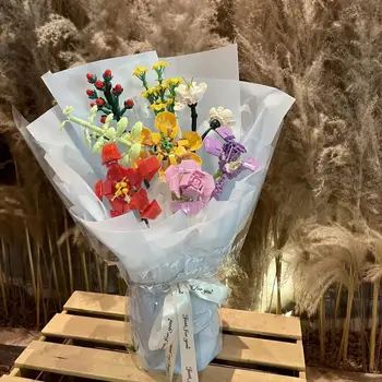 Букет от цветя MOC, рози, градивен елемент, фини прахови частици, съвместими със сборен цветен подарък за деца и възрастни, Нова
