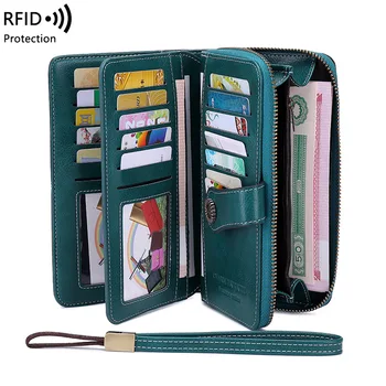 Висококачествен Женски портфейл RFID, анти-кражба кожени портмонета за жени, дълъг женски клатч с цип, голям жена в чантата си, държач за карти