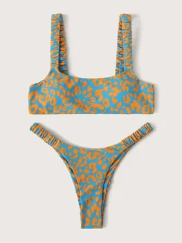 Горещо бельо секси бикини 2023, Нов оранжев леопардовый бански-прашки с подплата повдигащ, женски бански костюм от две части с изрези