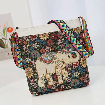 Дамска чанта-месинджър с двустранна бродерия, холщовая чанта в китайския етнически стил, квадратна чанта с цветен модел и модел на слон