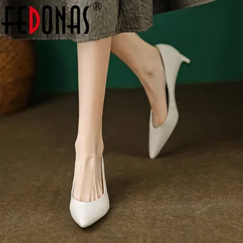 Дамски обувки-лодка FEDONAS с остри пръсти, пролет-лято, офис дамски обувки за зрели жени от естествена кожа, висококачествени елегантни дамски обувки на дебелите базовия ток