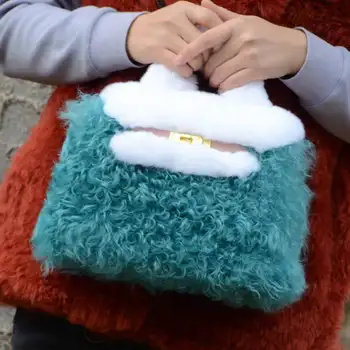 Дамски чанти Ms.Minshu, ръчна чанта за момичета от естествена кожа агне и заек рекс, женствена чанта