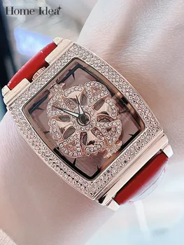 Дамски часовник, модни кварцов ръчен часовник Tonneau покритие, кожена обтегач с диаманти, дамски часовници за подарък