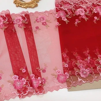 Двустранен цветен бродерия 14Yds, червено-розови на окото лейси покритие, дантелени платове за дрехи ширина 30 см