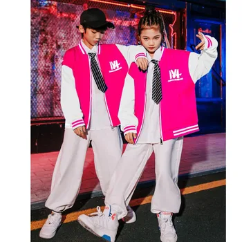 Детски облекла в стил хип-хоп, розово бейзболен жилетка, палто, яке, улични бели широки Панталони за момичета и момчета, джаз танц костюм, Дрехи