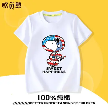 Детски памучен t риза Снупи от 100% памук с къс ръкав 2022, пролетно-летни потници за момчета и момичета, долни ризи с къс ръкав
