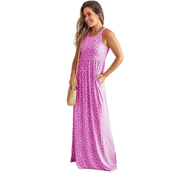 Ежедневни рокли лятото розова ежедневна рокля с цветен модел и джобове без ръкави с леопардовым принтом