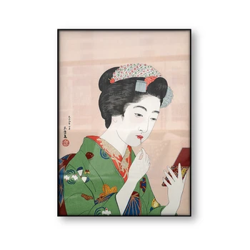 Жена, която причинява руж, Гойо Хашигучи, ретро японски художествен плакат, Азиатски стенно изкуство, Начало Декор, Грим, Моден принт на платно, живопис