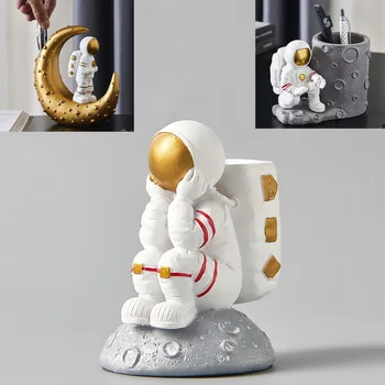 Забавен Астронавт Космонавт На Луната Някои Стилове На Писалка Притежател На Молив За Съхранение На Настолни Бижута Домашен Маса На Статуи, Скулптури Фигурки