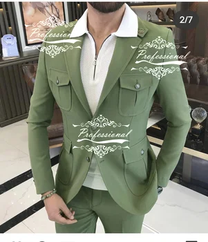 Зелен мъжки луксозен социален мъжки костюм, сако, панталони, палта с голям джоб, зашити на поръчка яке-сафари, 2 бр., палта, панталони, Облекло