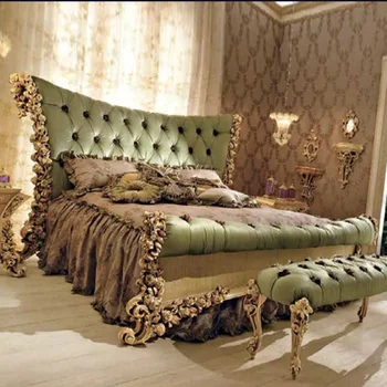 Изработена по поръчка на европейската двойно легло от масивна дървесина с дърворезба, френска вила, легло за принцеса, сватбена легло от розов плат