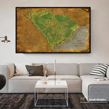 Карта на Южна Каролина - Карта в стил World Of Warcraft, Игри плакат, Художествена печат, Декорация на дома, Стенни живопис (без рамка)
