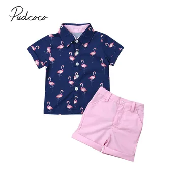 Колекция 2019 г., детски Летни дрехи, Комплект от 2 теми, Върхове с Фламинго за малки момчета, Тениска + Шорти, Панталони, Дрехи с къс ръкав, от 1 до 6 години