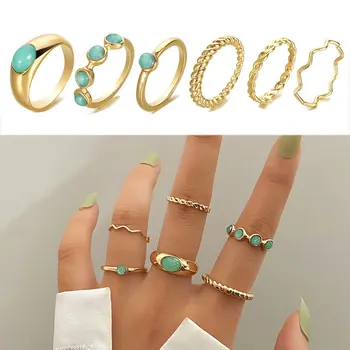 Комплект пръстени от Добра имитация на зелен Нефрит, 6 бр., 18-каратный златно бижу, Бохем Штабелируемый модерен комплект пръстени за ставите