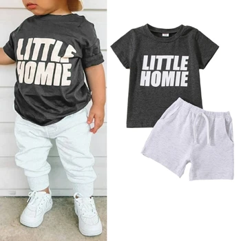 Комплект шорти за малки момчета от 1 до 5 години, тениска с къс ръкав и писмото принтом, панталони с еластичен ластик на талията, летни дрехи за малки момчета