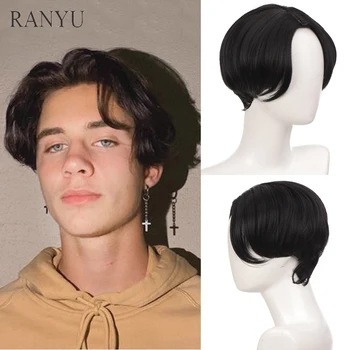 Кратък мъжка перука RANYU, синтетична директен средната част, натурални Черна коса, высокотемпературное влакна за ежедневни партита, cosplay