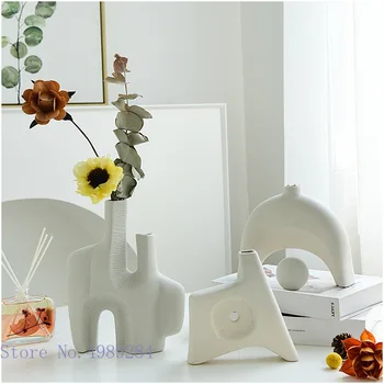 Креативна керамична ваза Неправилна договореност Куха бяла ваза за цветя, Керамични абстрактни теми Модерна декорация на дома