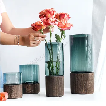 Кръгла стъклена ваза в скандинавски стил с основа от масивна дървесина, луксозен сватбен декор, Нощни титуляр за растения, Занаяти, ваза за домашни цветя, Подаръци за хол