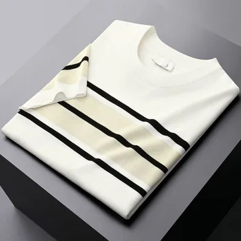 Лека луксозна висококачествена трикотажная мъжка тениска с къс ръкав, лято 2023, нова младежка корея, модна тениска в контрастни райета, мъжки топ