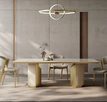 Лесен луксозна маса за хранене е от каменни плочи и комбинация от стола, модерна лесен домакински правоъгълна маса за хранене
