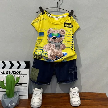 летен комплект дрехи за момчета, детска тениска, костюм, детски дрехи, тениска + дънкови къси панталони, комплект от 2 теми, ежедневни тениска с изображение на Мечка, от 2 до 12 години