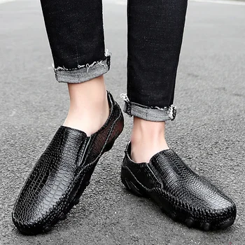 Луксозни мъжки обувки от естествена кожа на крокодил, черни, кафяви зърна, мокасини, обувки за почивка, модерен мъжки лоферы в британски стил