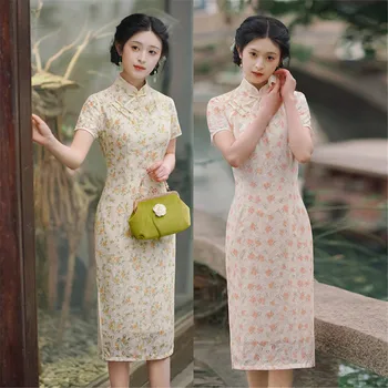 Лятото шифоновое рокля Ципао с яка-ботуш и къс ръкав, бельо чонсам в ориенталски стил, китайското женско ежедневното ципао
