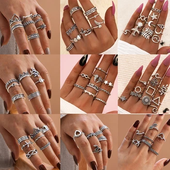 Микс Дизайн, Бохем геометричен комплект пръстени с тотем, етническа панковское сърцето на безкрайна форма, пръстени-миди за пръстите на цвят антични сребро