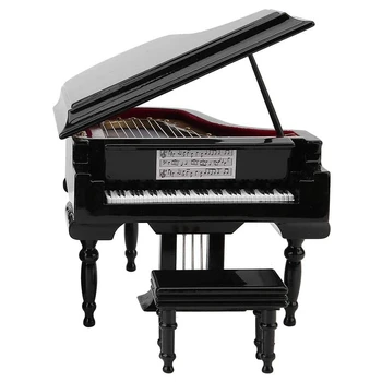 Миниатюрен набор от модели пиана Музикален инструмент стол за декориране на домашния офис (черно, без музика) Малък