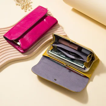 Модерен женски портфейл-клипса от естествена кожа, дамски държач за карти, портфейли-клатчи, реколта двустворчатые портфейли с ключалка Kiss, чантата за мобилен телефон